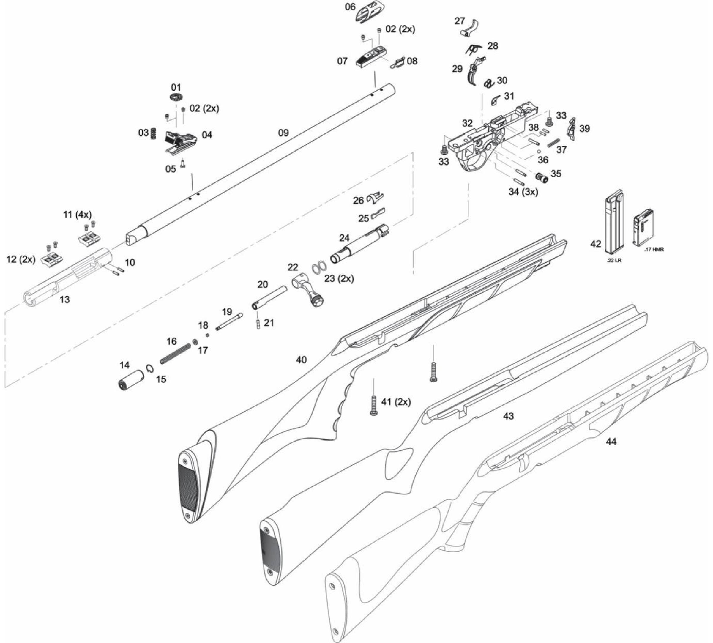 Vista explodida do 8117 E 8122 Bolt Action